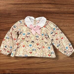 Smockingbird woodland animals long sleeve top Peter Pan collar pink bow 12M